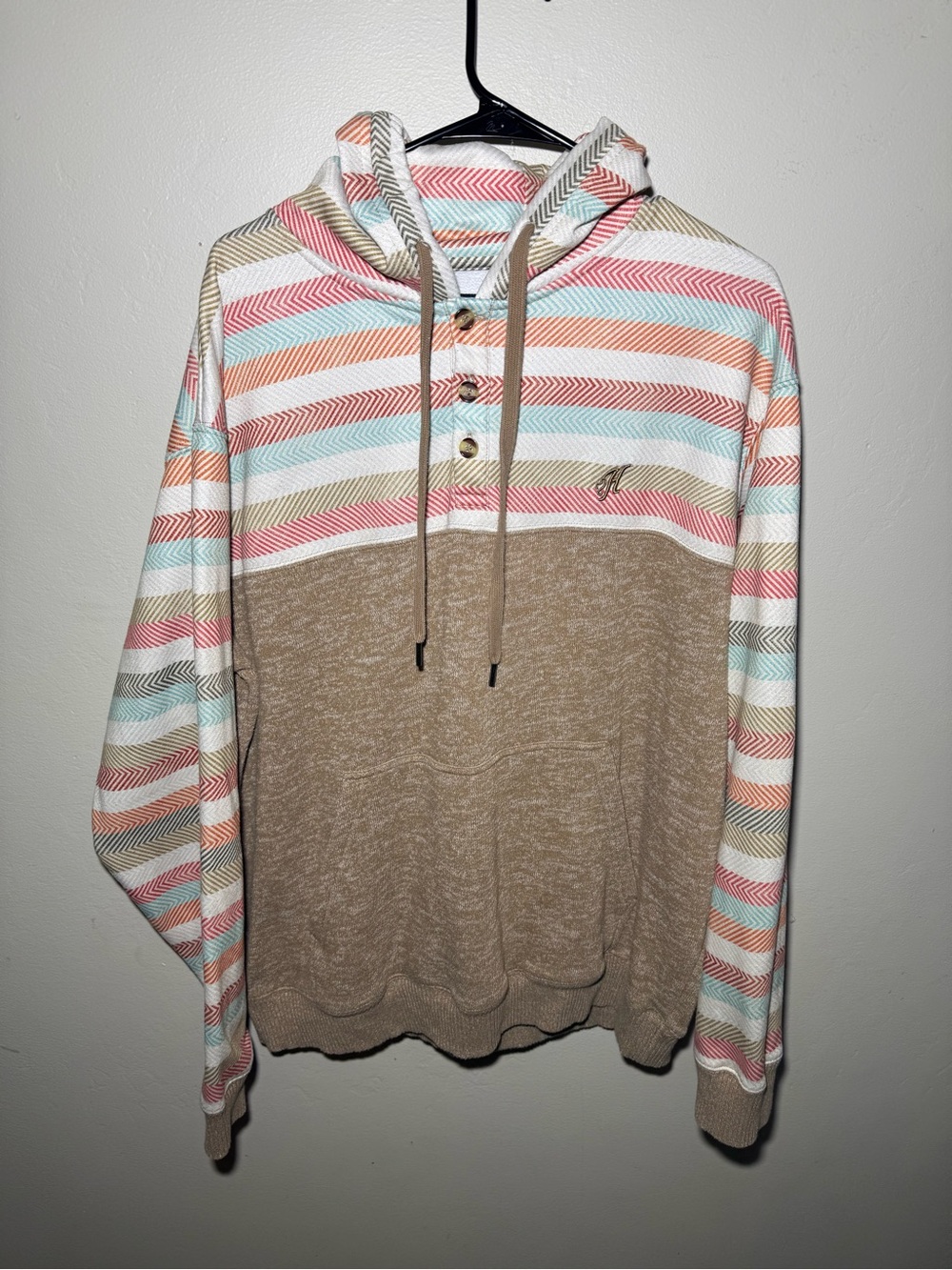 Hooey Tan Hooded Sweater with Pastel Stripe Accents